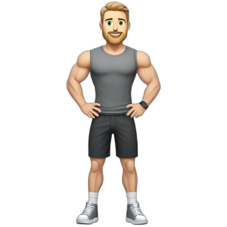 Full height Pale skinned muscular man With Realistic eyes and mouth, light brown hair and stubble In dark gray sleeveless mike, black oversize sports shorts, watch and white sneakers. emoji