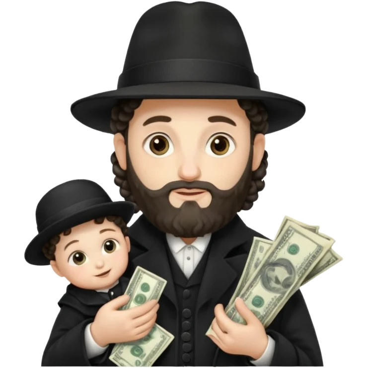 Jewish rabbi wearing traditional religious apparel with two side hair curls holding money and baby emoji
