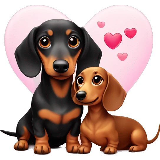 Two mini dachshund of different sizes and colours in love with a love heart in front  emoji