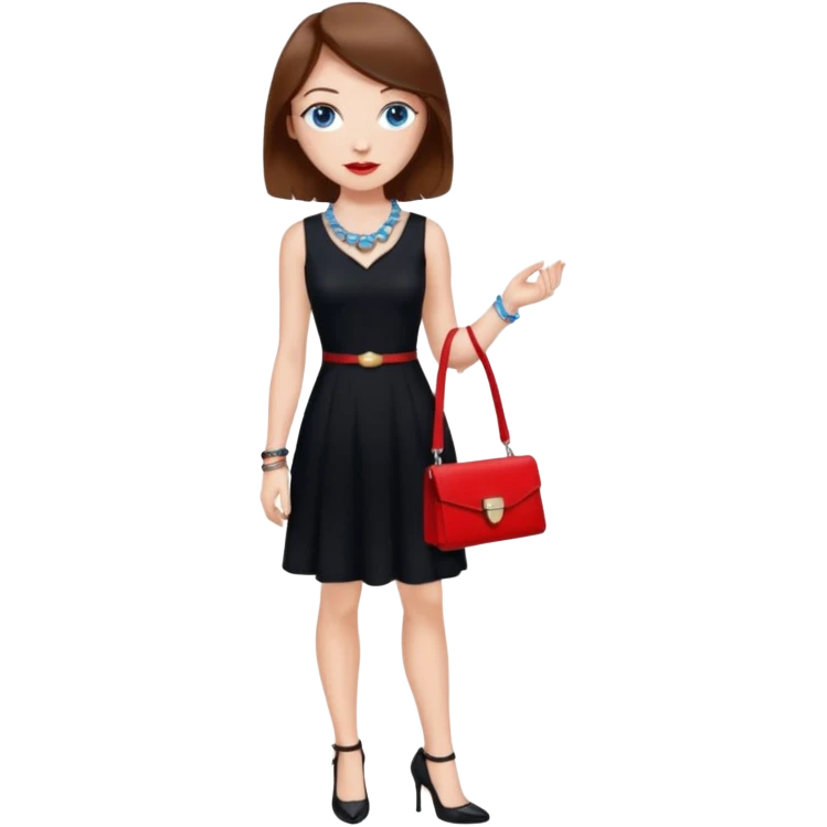 chica labios rojos ojos azules pecas pelo marron collar pulsera vestido negro tacones y un bolso rojo emoji