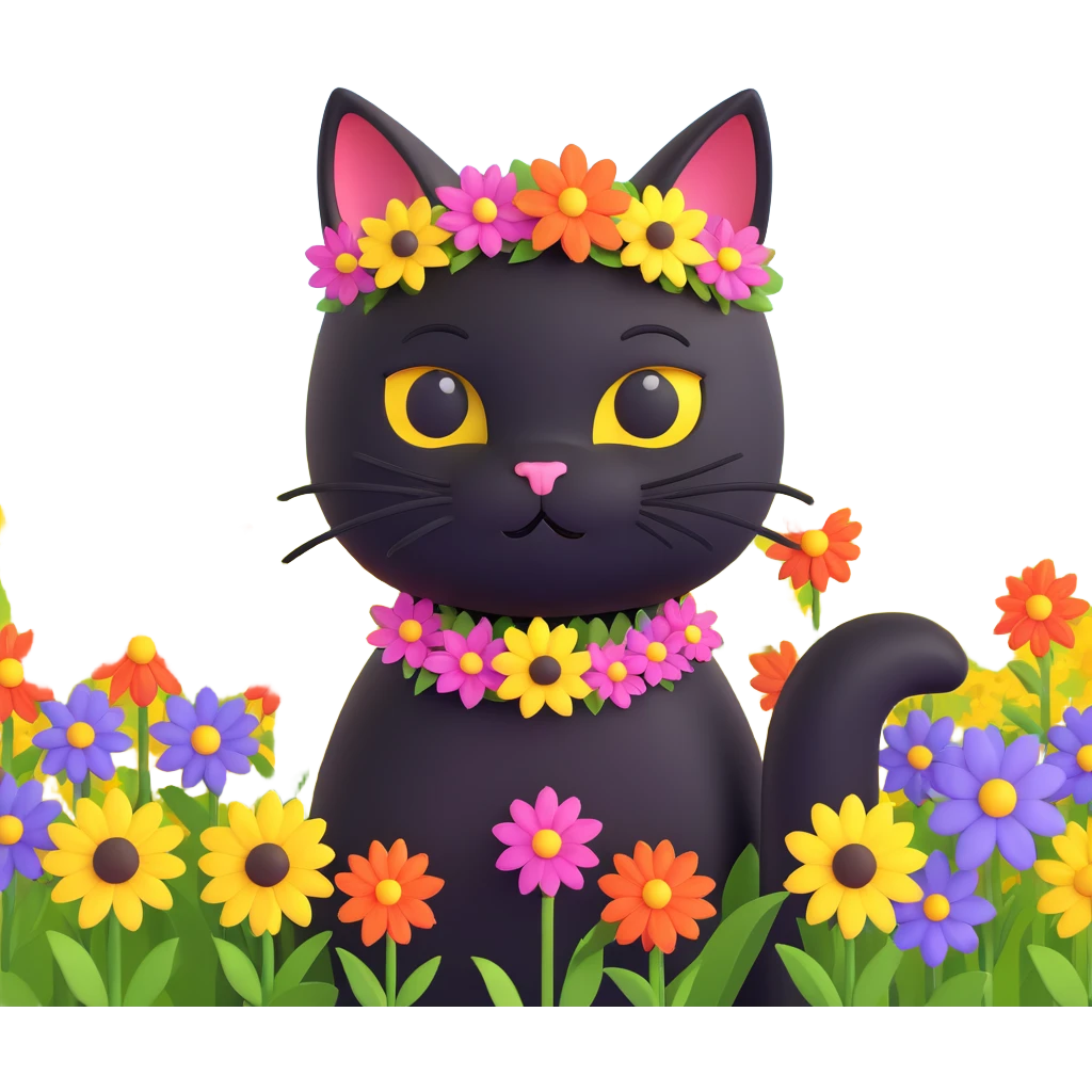 A black cat with a flower on its head in a field of flowers, pastel colors emoji