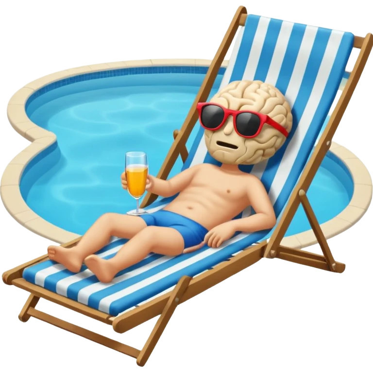 A brain lies in a deck chair wearing sunglasses at the edge of the pool. emoji