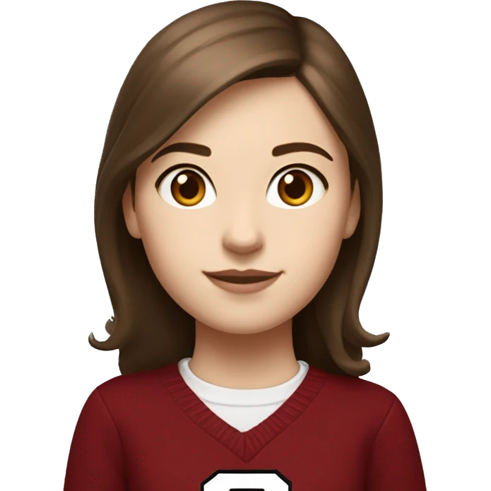 Girl with brown hair and white skin wearing a crimson and white sweater with the black crimson and white Harvard University logo on it  emoji