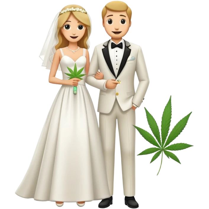 Full body view of bride in white dress and groom in tuxedo sharing a cannabis joint, cheerful cartoon wedding couple standing together emoji