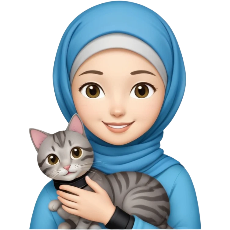 Asian White girl wearing headscarf (hijab)  holding a black grey tabby cat while smiling.  The cat is wearing a blue collar emoji