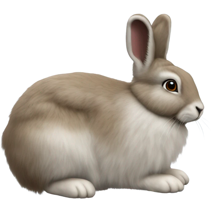snowshoe hare very fluffy with no feet showing. laying down, side view, blue eyes emoji
