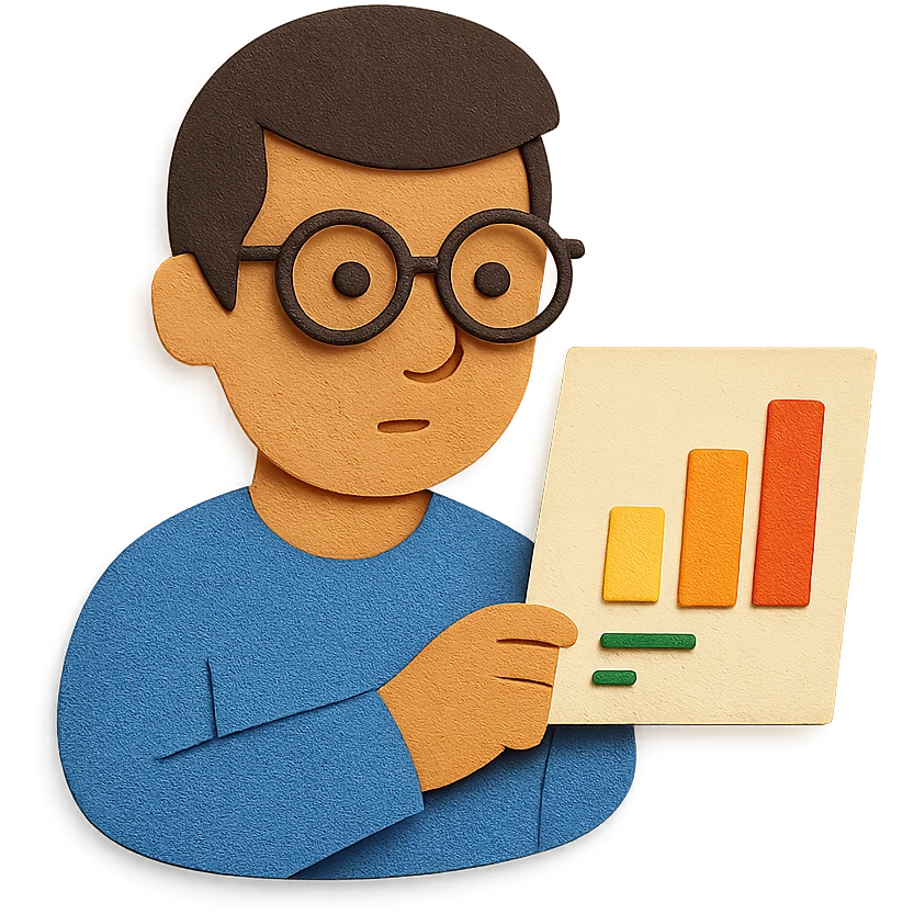 man wearing glasses and looking at data, paper craft style emoji