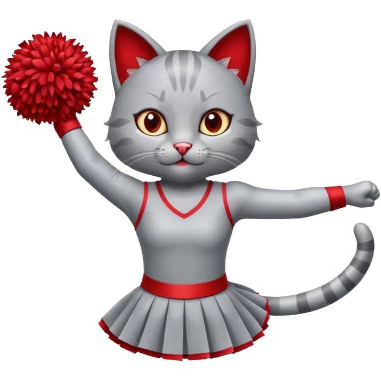 A cute sleek grey cat cheerleader twirling pom-poms with confident energy. emoji