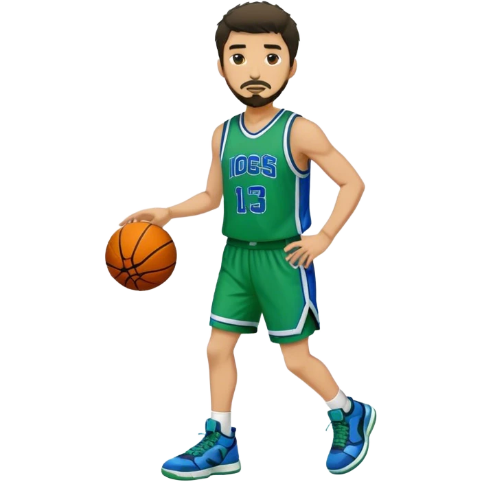 Full Body  white male basketball player with short dark shaggy hair and goatee wearing green and blue uniform emoji