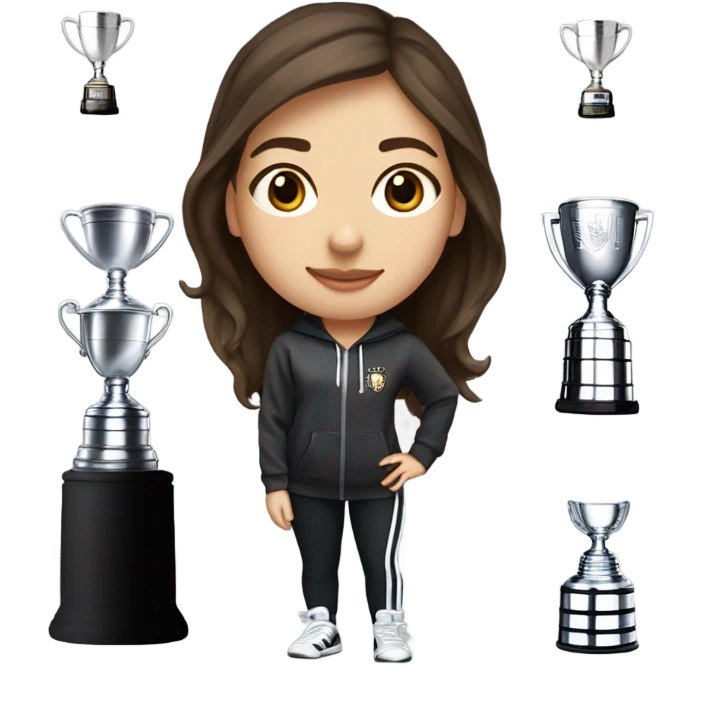 Very pretty girl with brunette hair and hazel eyes who is very very pretty who has a Stanley cup and flare pants and then an Adidas hoodie and is holding a Stanley cup emoji