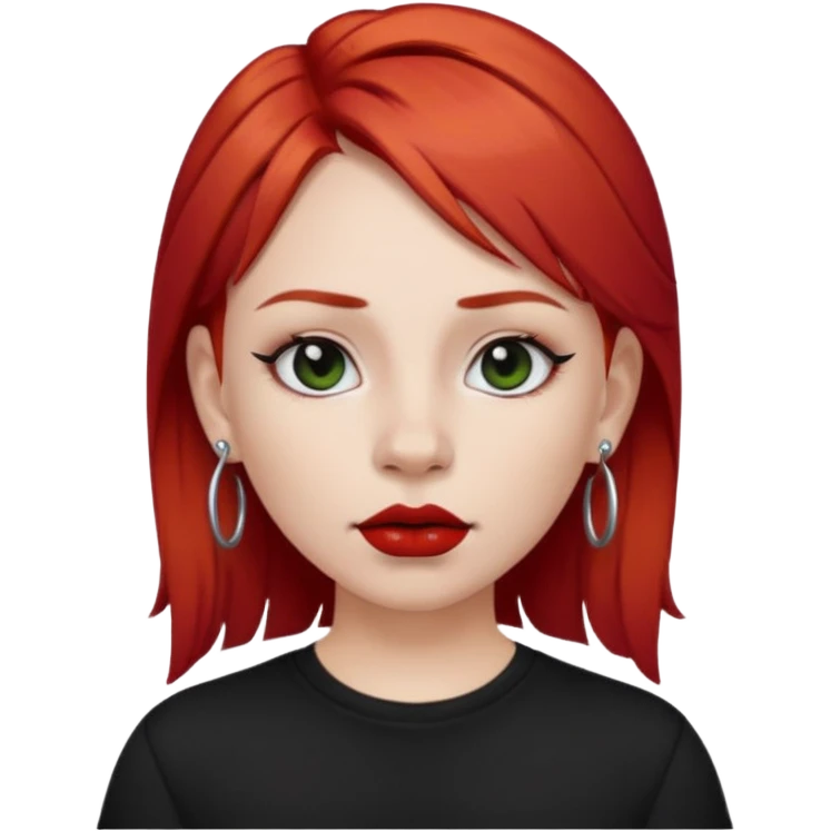 apple style emoji of a fair-skinned girl with red hair, black t-shirt, black lipstick, septum and ear piercings, minimal style emoji