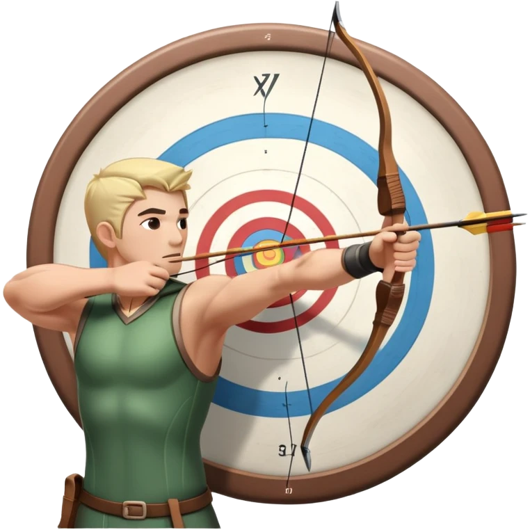 An archer drawing a bow and aiming an arrow at a target, with perfect focus and precision. The target is visible in the background, featuring concentric rings. The scene captures the concentration and skill involved in archery, emphasizing the elegance and accuracy of the sport. emoji