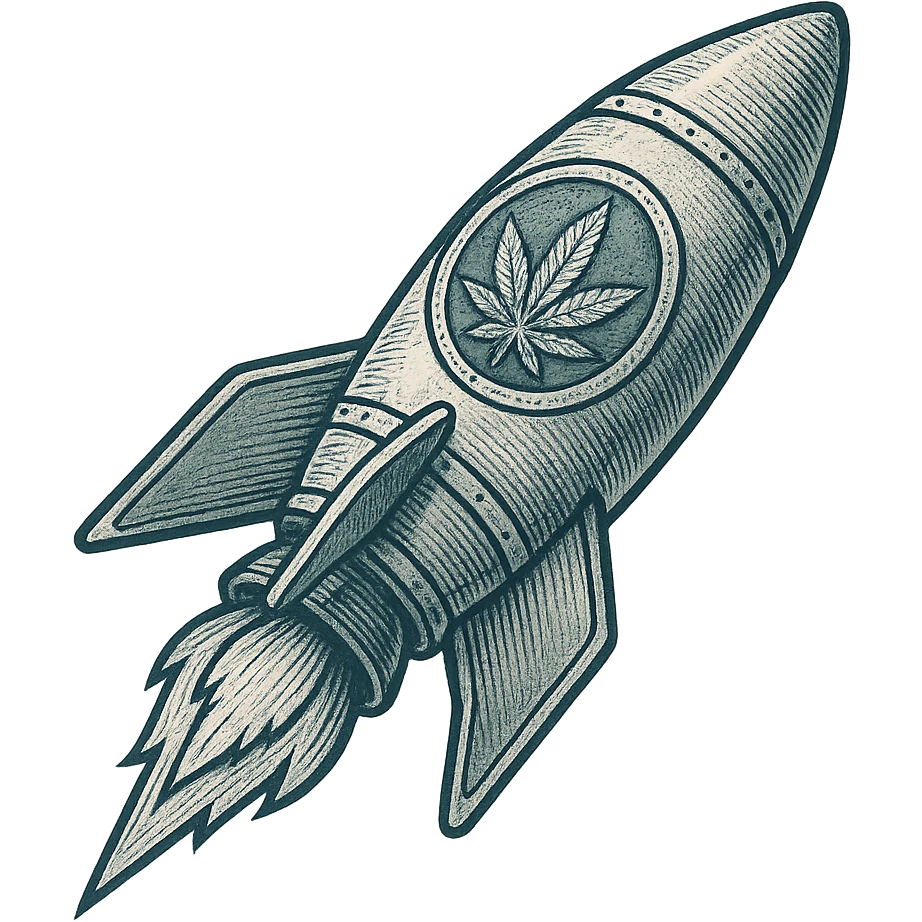 A rocket icon with a subtle cannabis leaf, detailed and intricate, isometric style. emoji