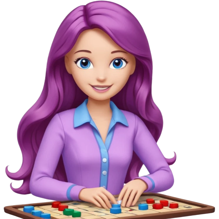 beautiful barbie girl with long brown hair, blue eyes and wearing light purple clothes playing board games emoji