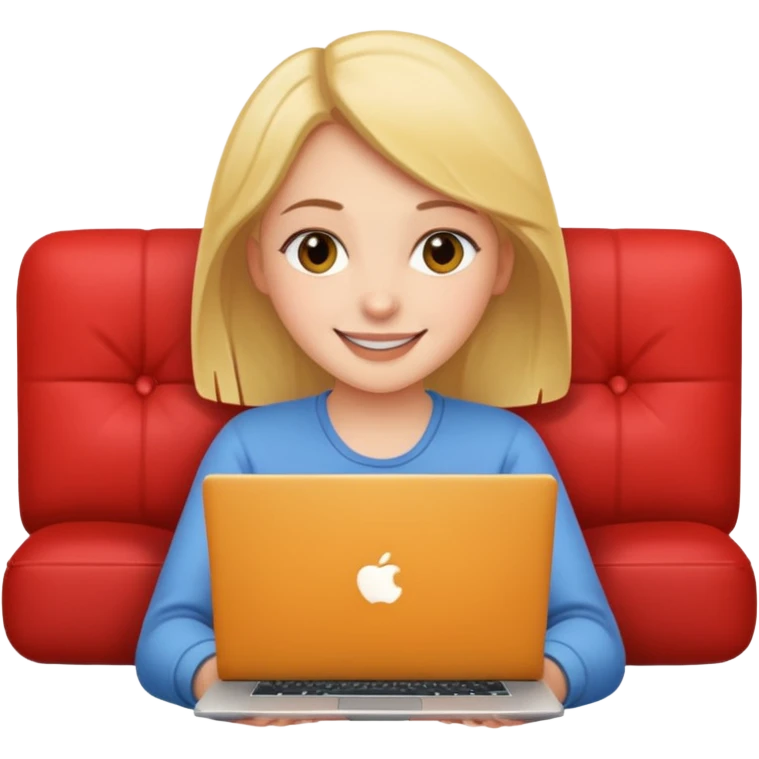 A girl is working with a laptop while lying on the sofa emoji