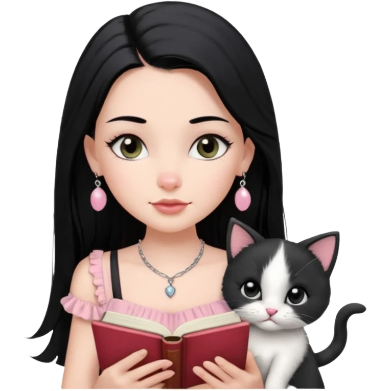Menina branca ,cabelos pretos longos, olhos pretos puxados para cima. Cílios longos, lábios grossos ,nariz pequeno ,vestido rosa claro de alça. Colar e brinco bem pequeno. Lendo um livro com gatinho preto e branco. emoji