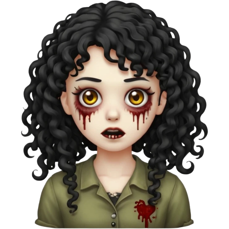 Emoji garota zombie sem ferimentos no rosto com cabelo preto cacheado longo com franja cacheada sem volume emoji