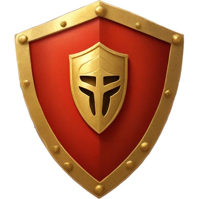 A bright red, Roman legionary shield with bold golden edges and a central gold boss. The shield features subtle geometric patterns and a worn texture, symbolizing both protection and battle readiness emoji