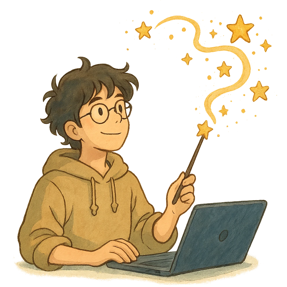 ghibli style developer with a magic wand, whimsical atmosphere emoji