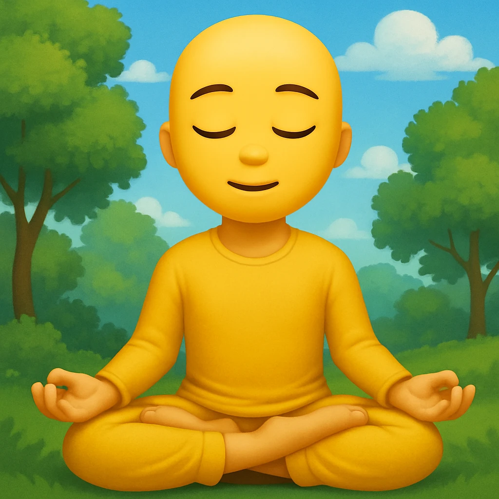Add a peaceful nature background with trees and sky behind the meditating emoji, keep the classic emoji style emoji