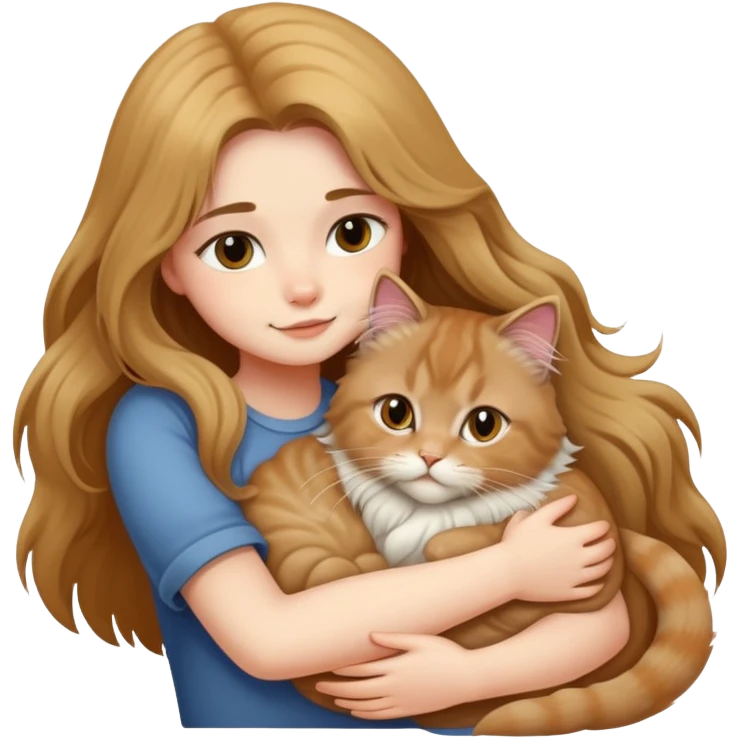A long-haired girl hugs a British longhair cat tightly emoji