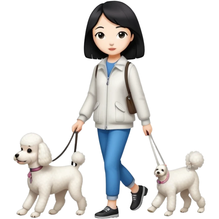 one dog (white poodle) walking with owner (Asian girl with straight black hair) emoji