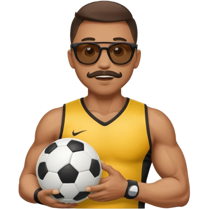 Cane muscoloso con occhiali da sole con un pallone da calcio in bocca emoji
