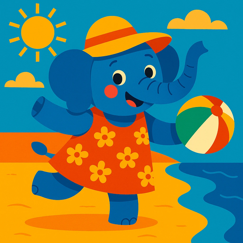 a playful elephant with a beach ball, wearing a floral dress and sun hat emoji