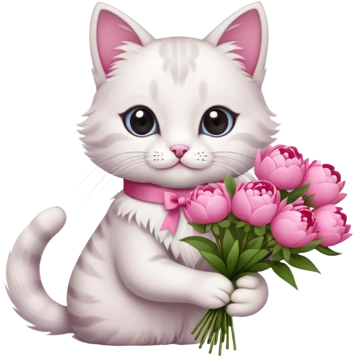 Can you make a cute cat handing out peonies bouquet with a coquette on the boquette emoji