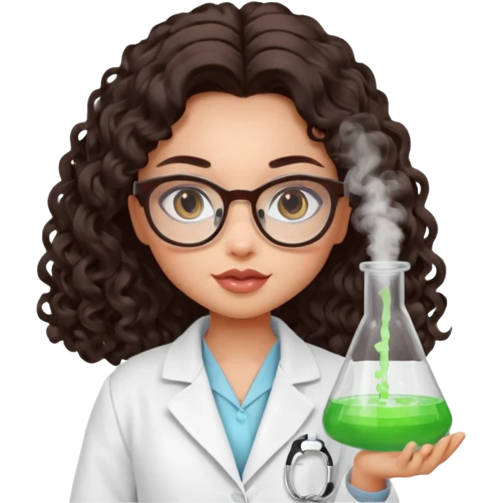 realistic bratz doll with long loose curly dark brown hair, glasses that are round cat eye vibes, in a lab coat mixing beakers that glow emoji