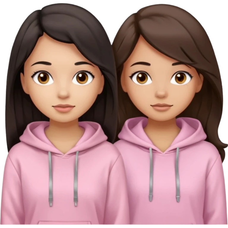 A pretty girl with light skin and long straight black brown hair, wearing a very light pink basic hoodie with brown eyes and makeup and a round face with another girl who is taller with an oval face, tan skin and very wavy brown hair, and a light pink basic shirt emoji