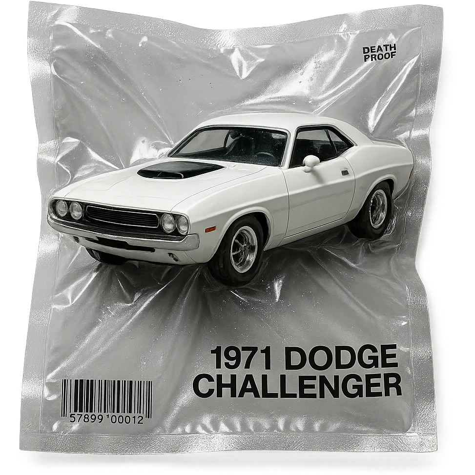 white 1971 Dodge Challenger, glossy, inspired by 'Death Proof' film emoji
