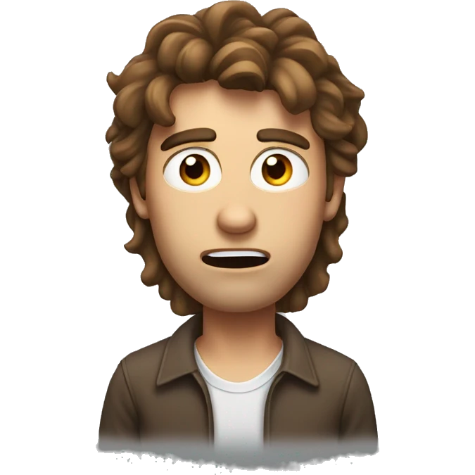 man with surprised face with messy long brown hair, with small eyes and very high eyebrows emoji