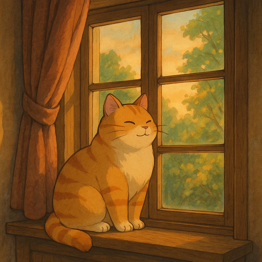 cat sitting on a windowsill in ghibli style, detailed, cozy, warm lighting emoji