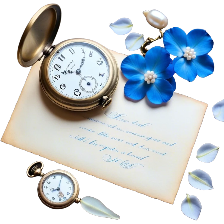 An elegant still life of a vintage pocket watch with an engraved case, lying next to a faded love letter sealed with a pearl wax stamp, surrounded by delicate white and blue floral petals.
 emoji