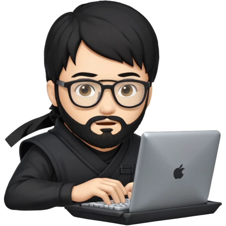 Man with black hair and beard wearing glasses in a ninja costume typing on a computer keyboard emoji