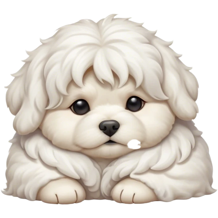 Cinematic Chubby Sleeping Wavy-Haired Maltese Dog Portrait Emoji, Chubby and serene, with a round, adorable build and a soft, wavy-haired white coat, eyes gently closed in peaceful slumber, Simplified yet irresistibly endearing features, highly detailed, glowing with a gentle, dreamy glow, high shine, relaxed and content, stylized with a touch of whimsy, bright and heartwarming, soft glowing outline, capturing the essence of a blissfully sleepy companion, so comically serene it feels like it could roll out of the screen and snore with adorable charm! emoji