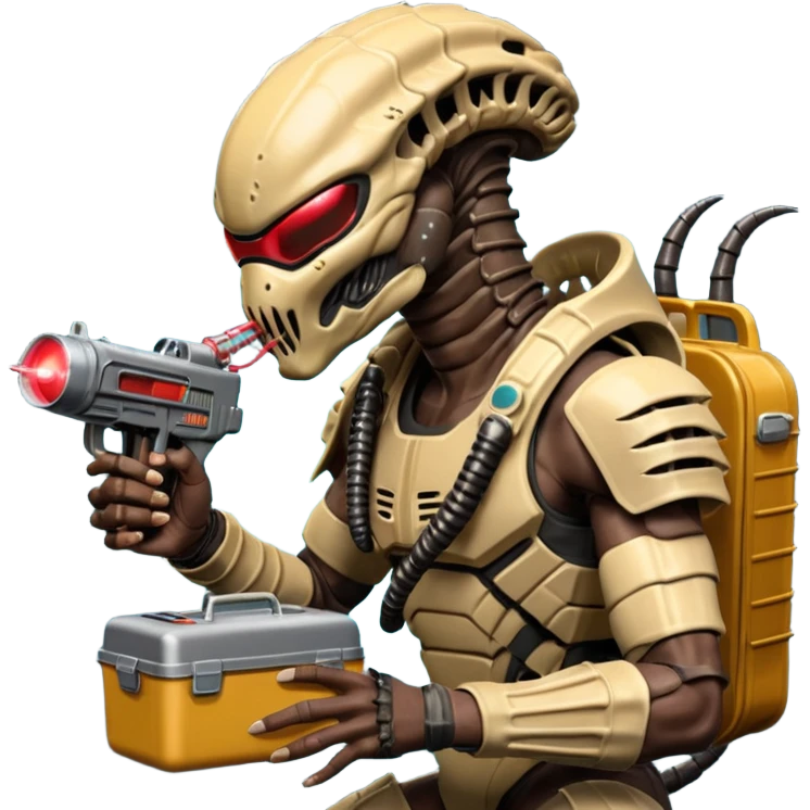 The Predator, as in the 1987 movie, with full armor, shoulder laser gun and mask eating an Alien facehugger from a lunchbox, the setting should be dark and sci-fi. emoji