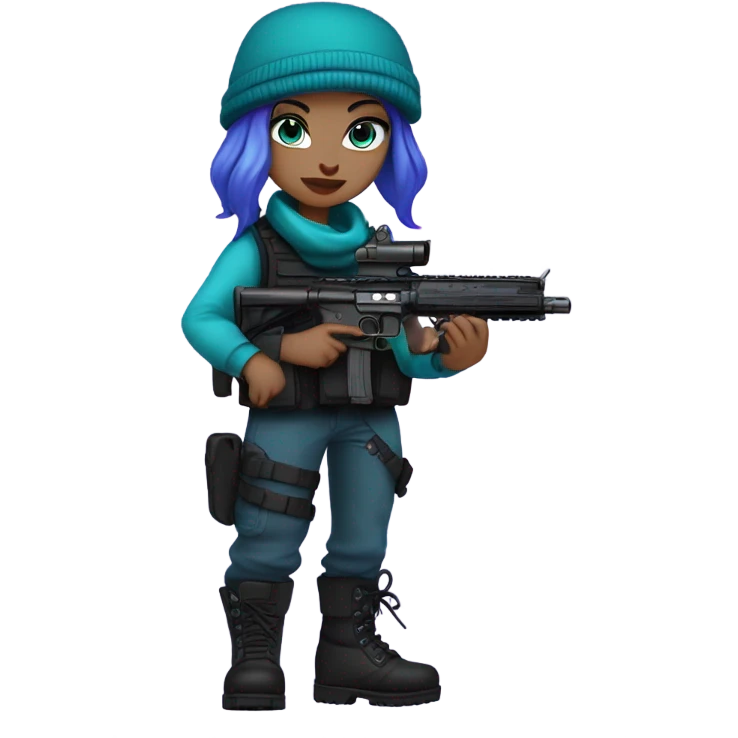 Girl, white skin, tactical vest, dark pants, teal hair, blue eyes, purple beanie hat, gun, black combat boots emoji