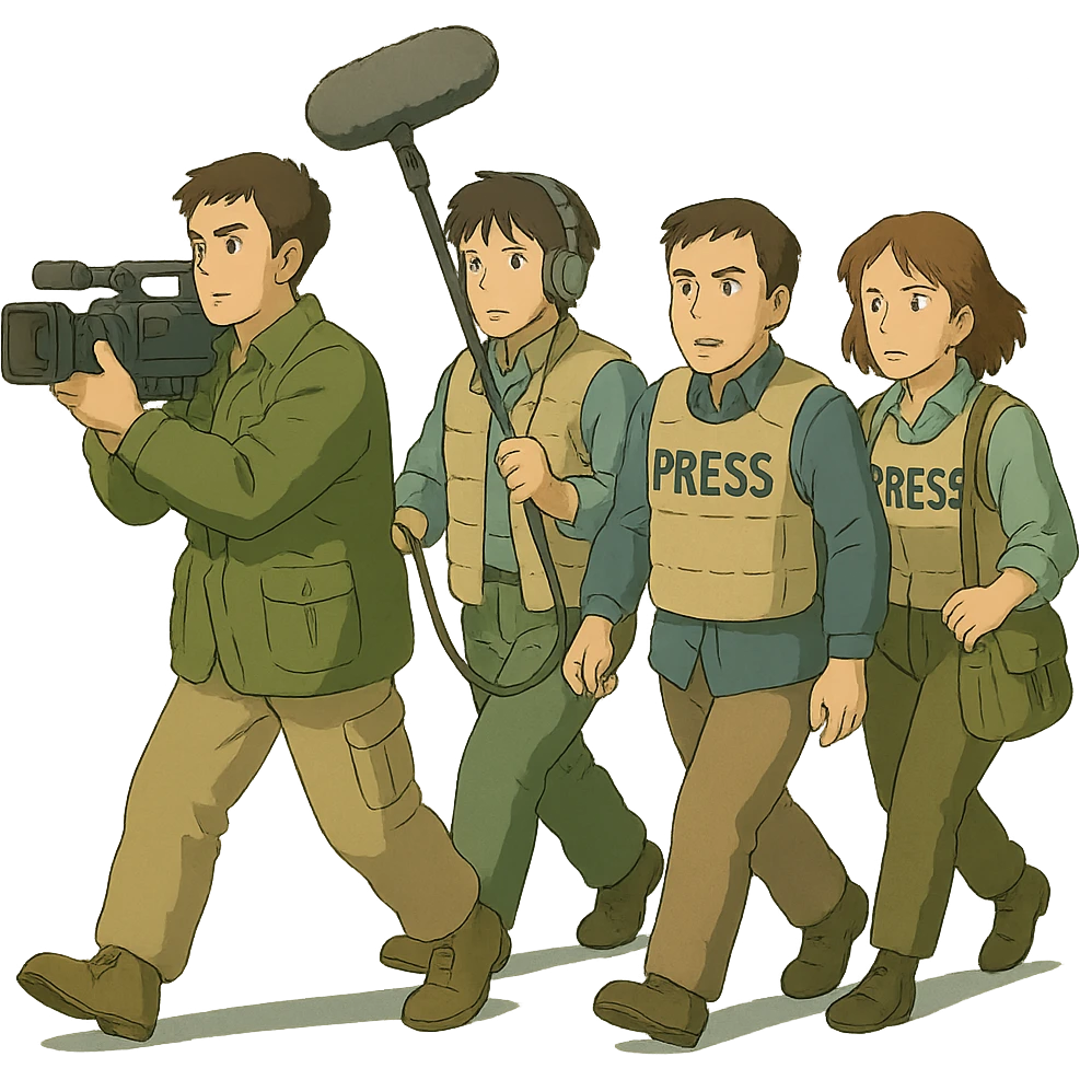 a flim crew, walking from left to right across frame: a cameraman, and a microphone operator, two people, war correspondents, tense moment emoji