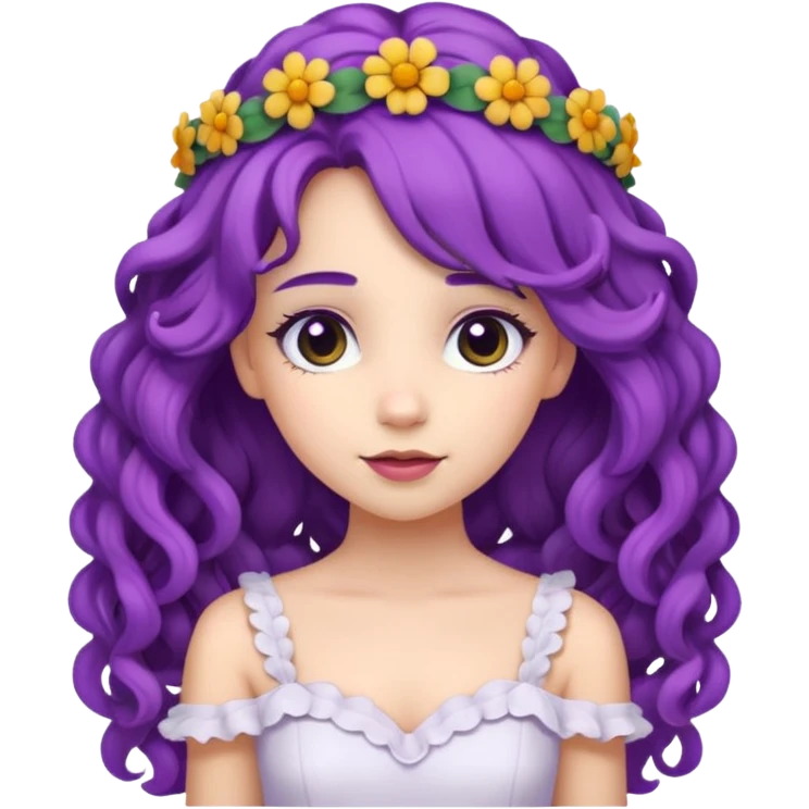 Princesses with Flower Crown in curly Purple Hair, white dress emoji