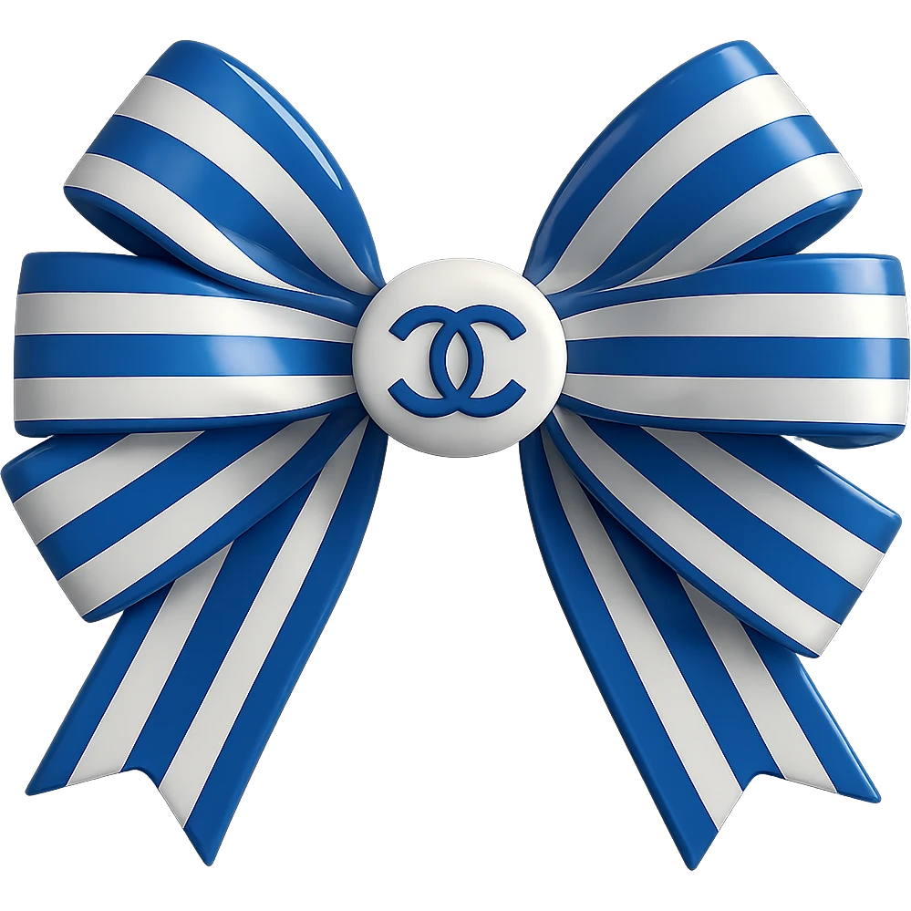Change the striped bow to blue and white stripes, keep the small white Chanel logo visible, make the bow glossy, elegant, and luxurious in a 3D emoji style. Remove the background. emoji