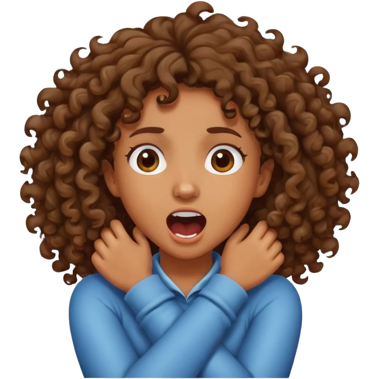 Brown curly Girl with crossed arms grabbing her neck screaming  emoji