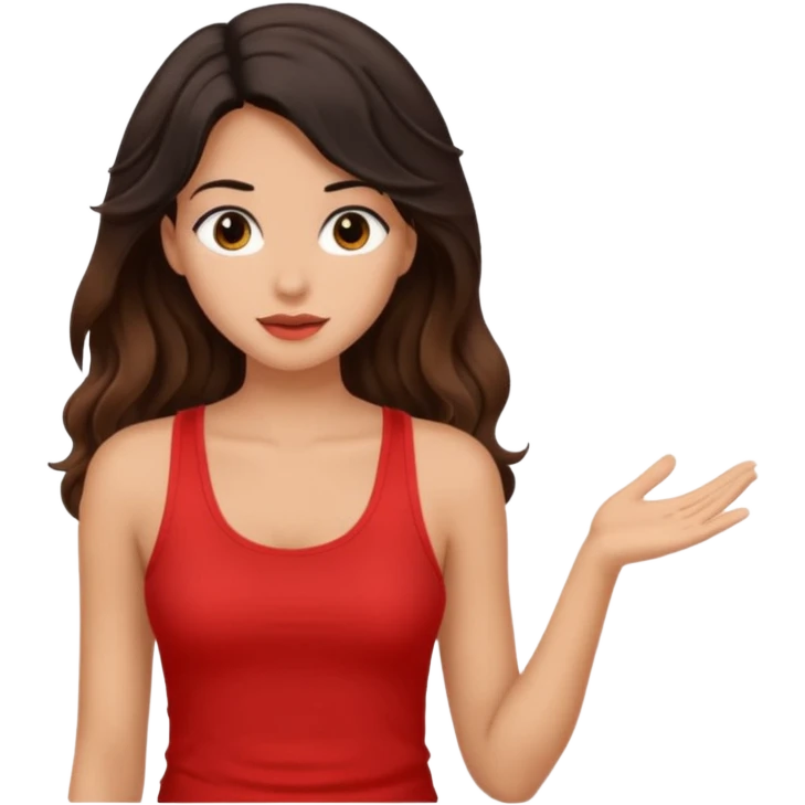 generate a pretty tan bratz girl with brown wavy hair long wearing a red tank top talking to a girl with black hair emoji