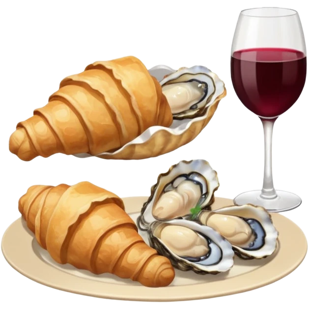 French cuisine humanless avatar in clean emoji-style illustration. 1 Croissant, oysters and wine glass, soft beige tones, simple shapes, flat design, refined and cozy. emoji