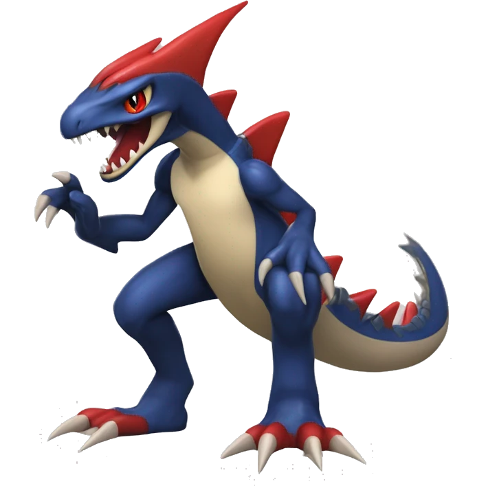 Dark blue, beige, red, Modern, Futuristic, Cool, Edgy, Badass Punk-style Garchomp-Charmeleon-Croconaw Fakémon-Digimon  full body emoji