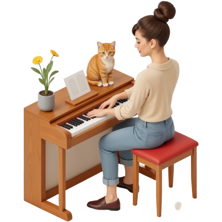 woman playing piano while her cat sits on top of the piano emoji