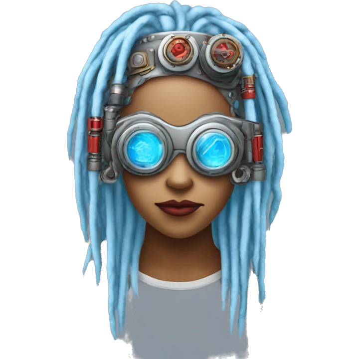 Light blue long dreadlocks female cyborg head with red steampunk goggles and circuits emoji