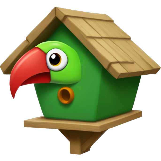 green birdhouse aviary that looks like a head of a parrot with red streak emoji