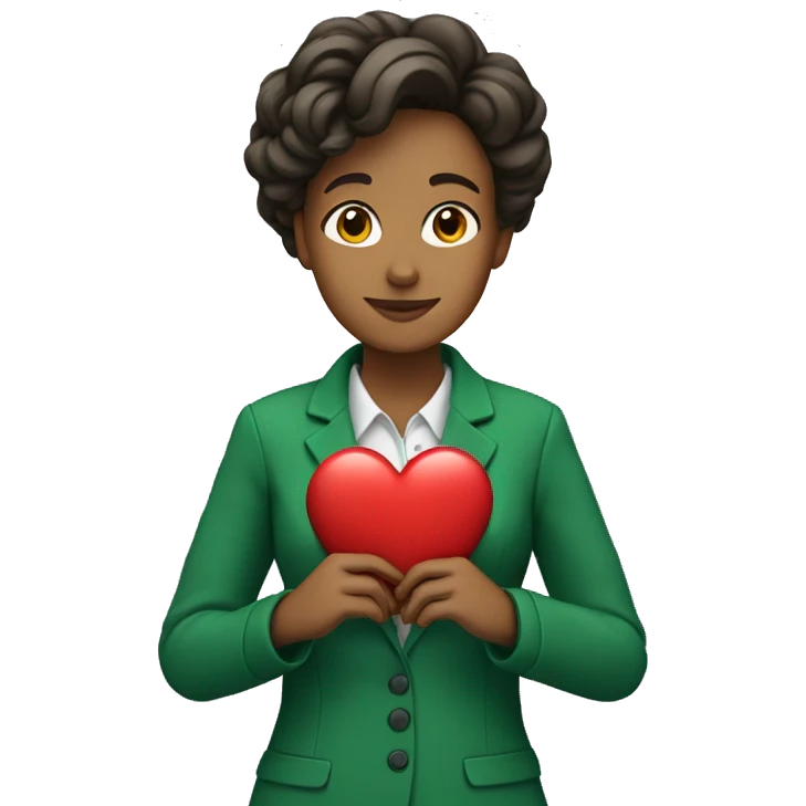 A female teacher in a green jacket holds a heart in her hands emoji